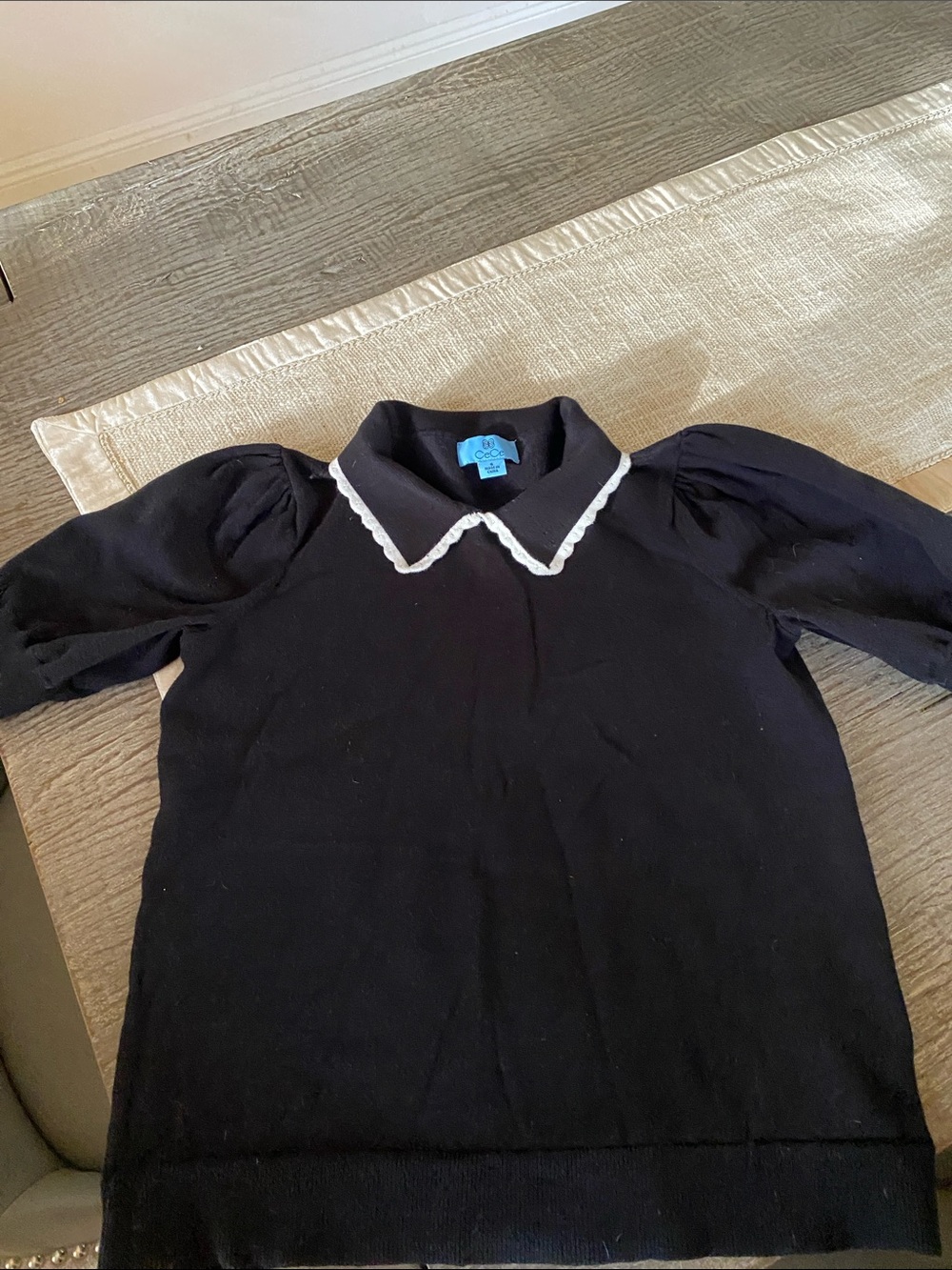 CeCe Black Short Puff-Sleeve Sweater with White Scalloped Collar